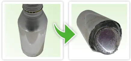 強アルカリ洗浄剤をアルミ缶の中に入れて1日放置した実験結果：底が溶ける